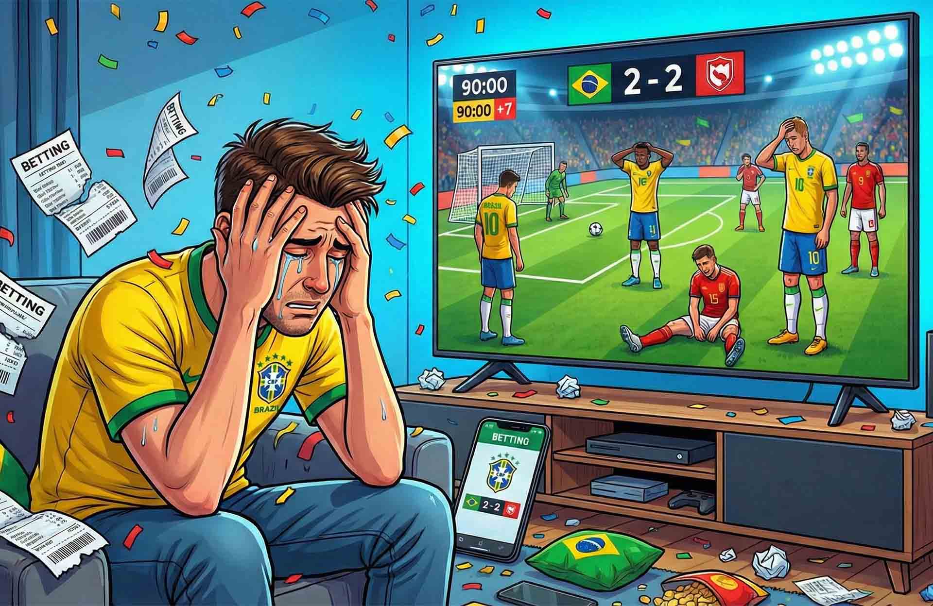 Frustrated soccer fan reacting to a confusing match result on TV