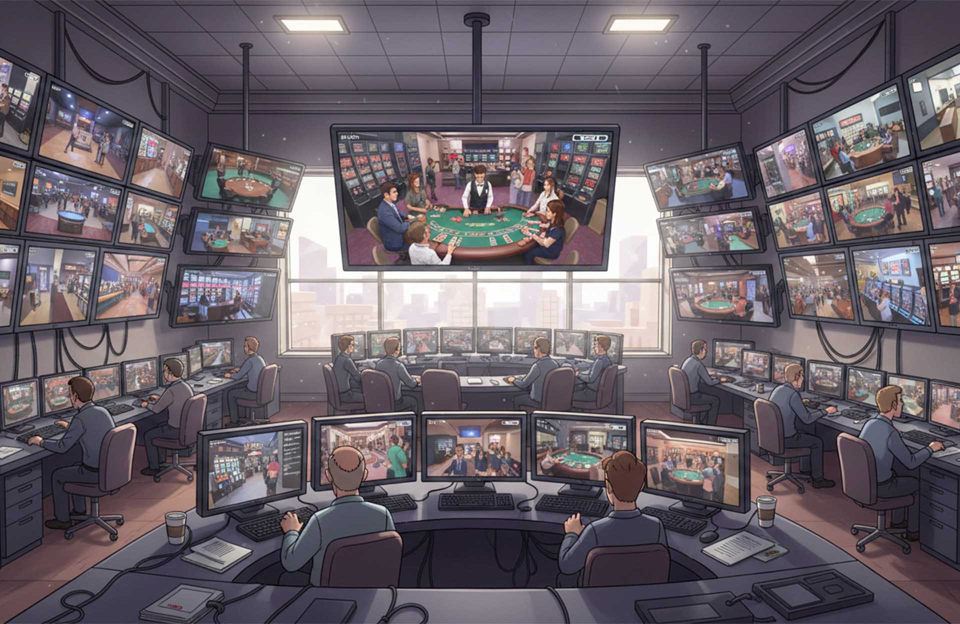 Casino surveillance room monitoring blackjack tables and dealer payouts