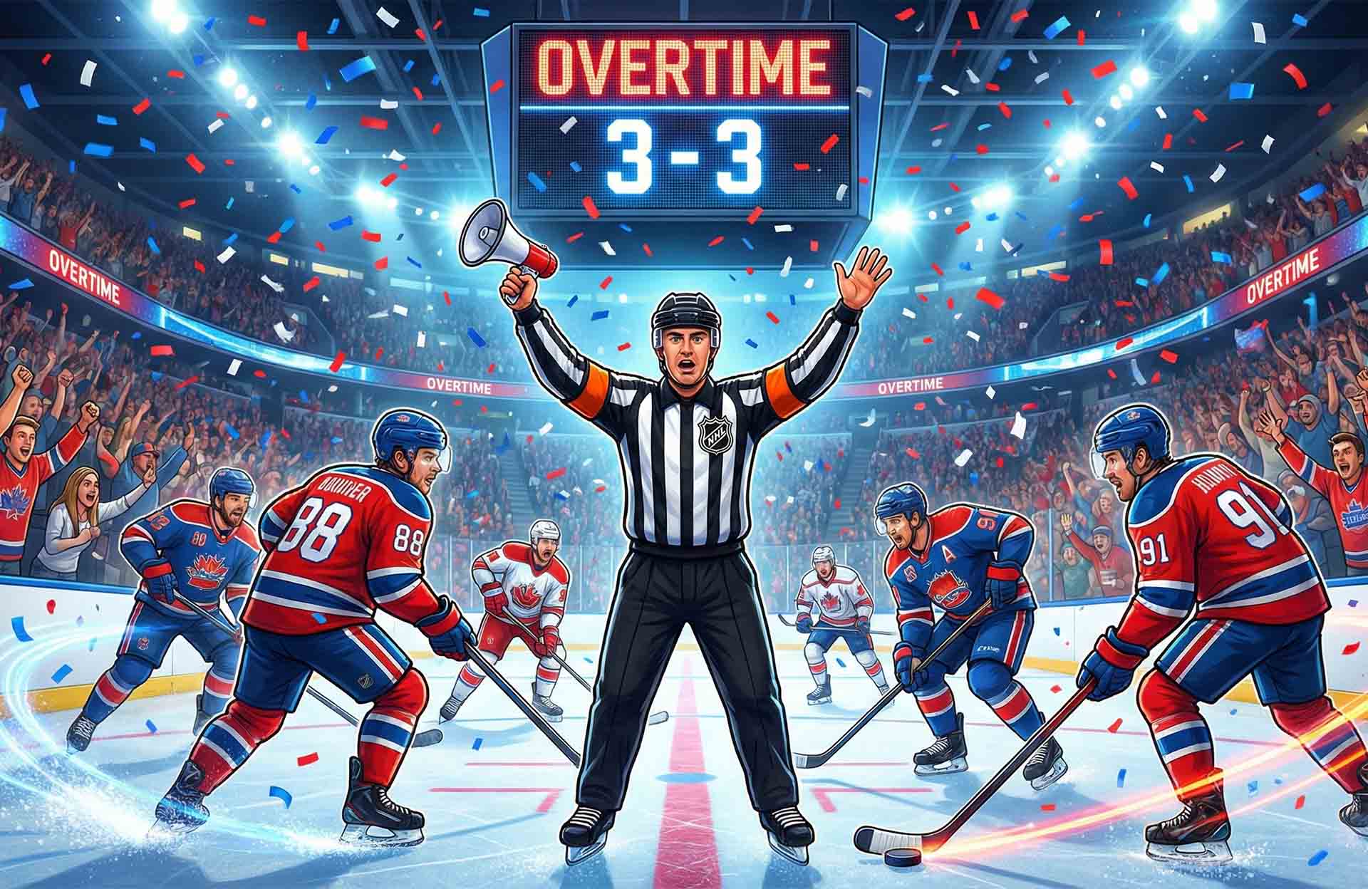 Hockey referee signaling overtime during a tied game in a packed arena