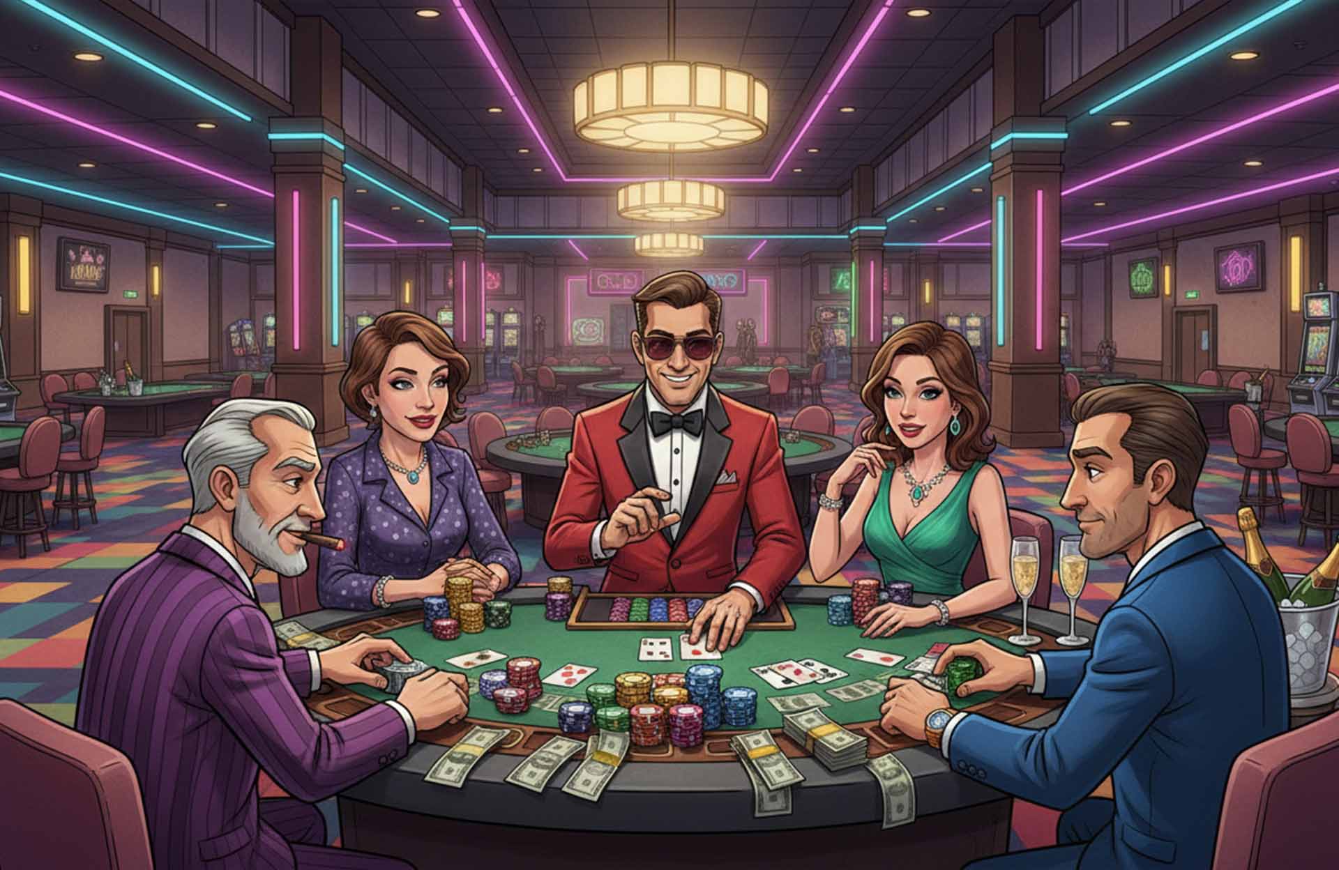 Group of players at a high-stakes blackjack table inside a casino