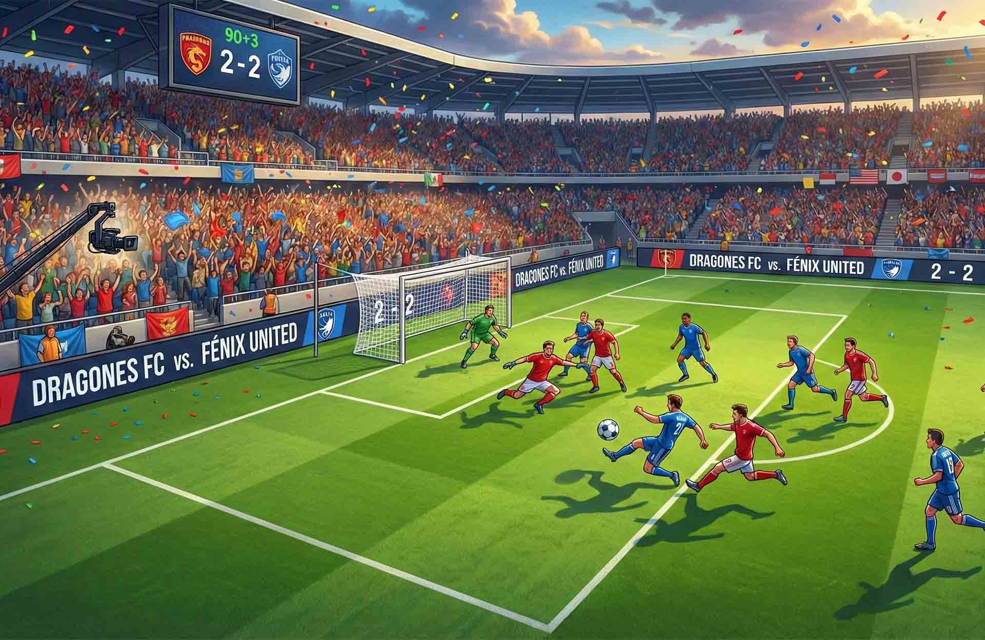 Soccer match with tied score as players attempt a last-minute goal