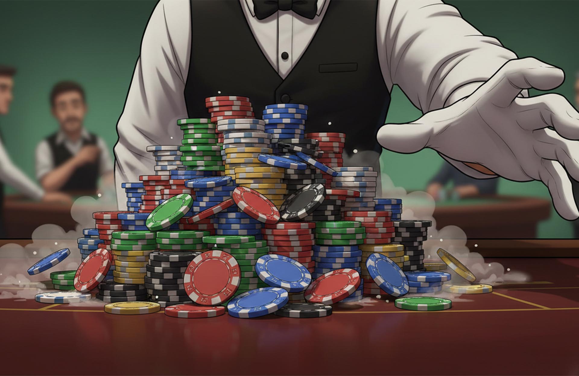Blackjack dealer pushing a large stack of chips after a payout mistake at a casino table