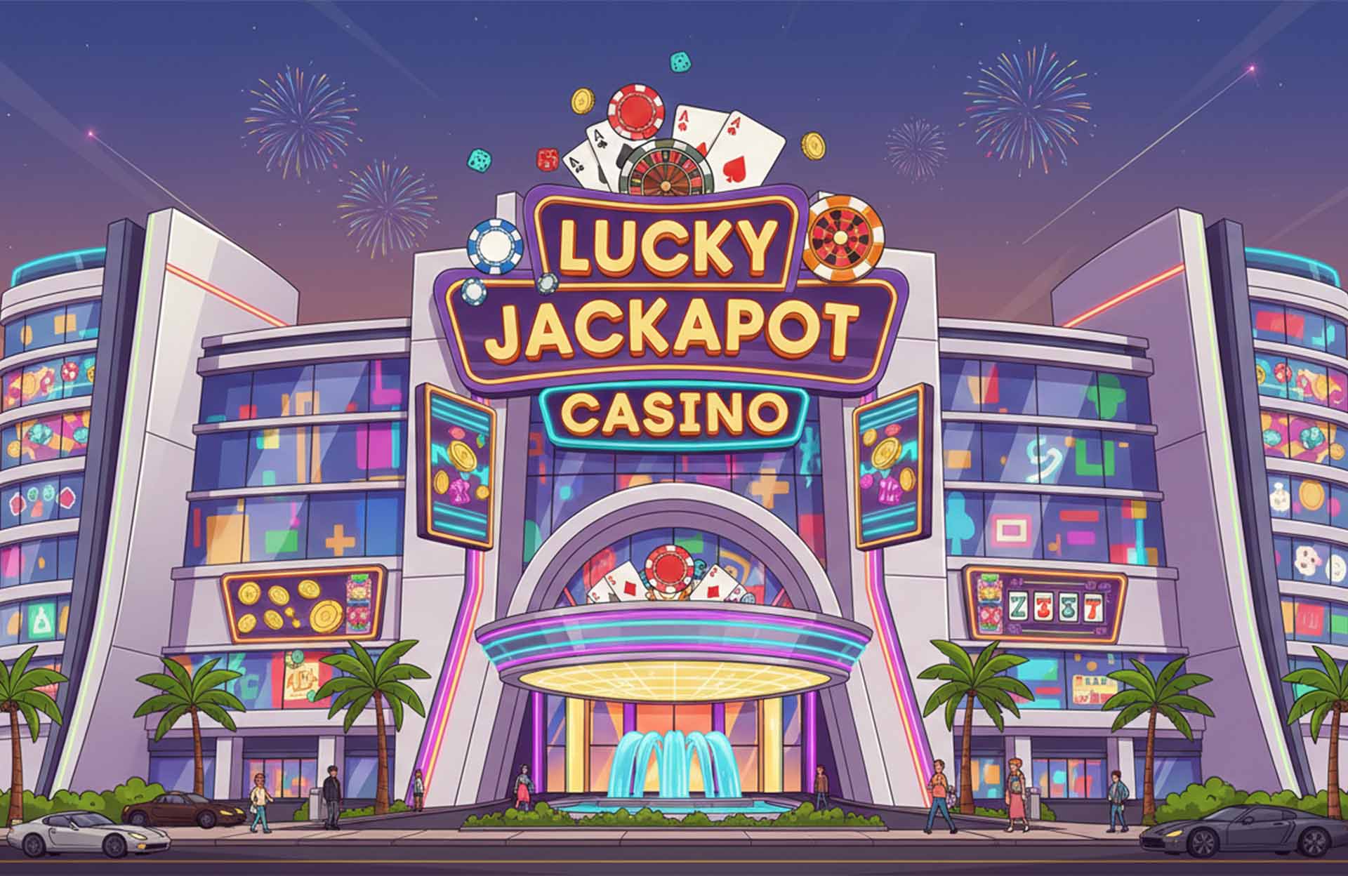 Exterior view of a large casino building at night with bright lights and signage