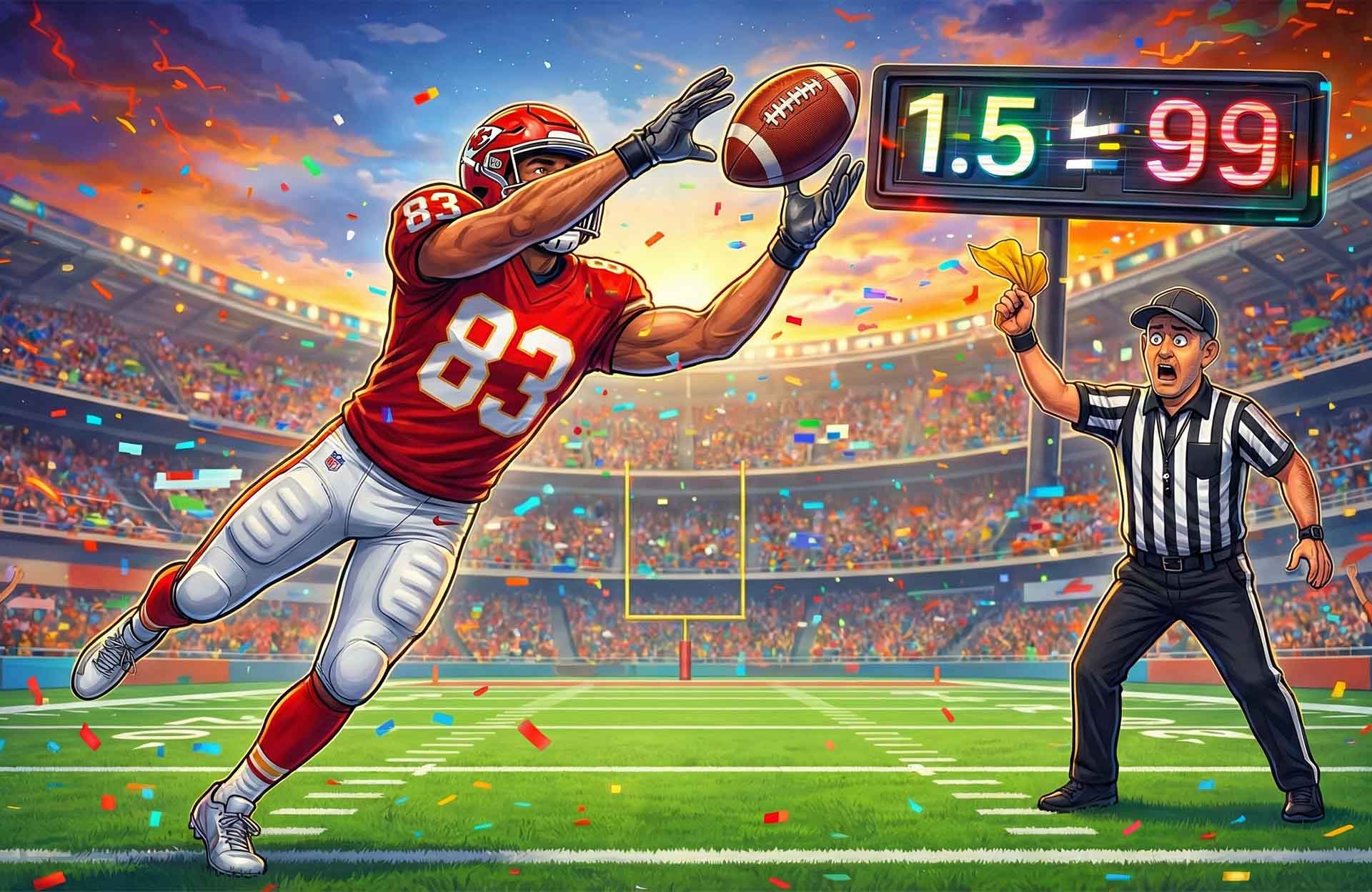 NFL player making a controversial catch while referee signals a confusing score