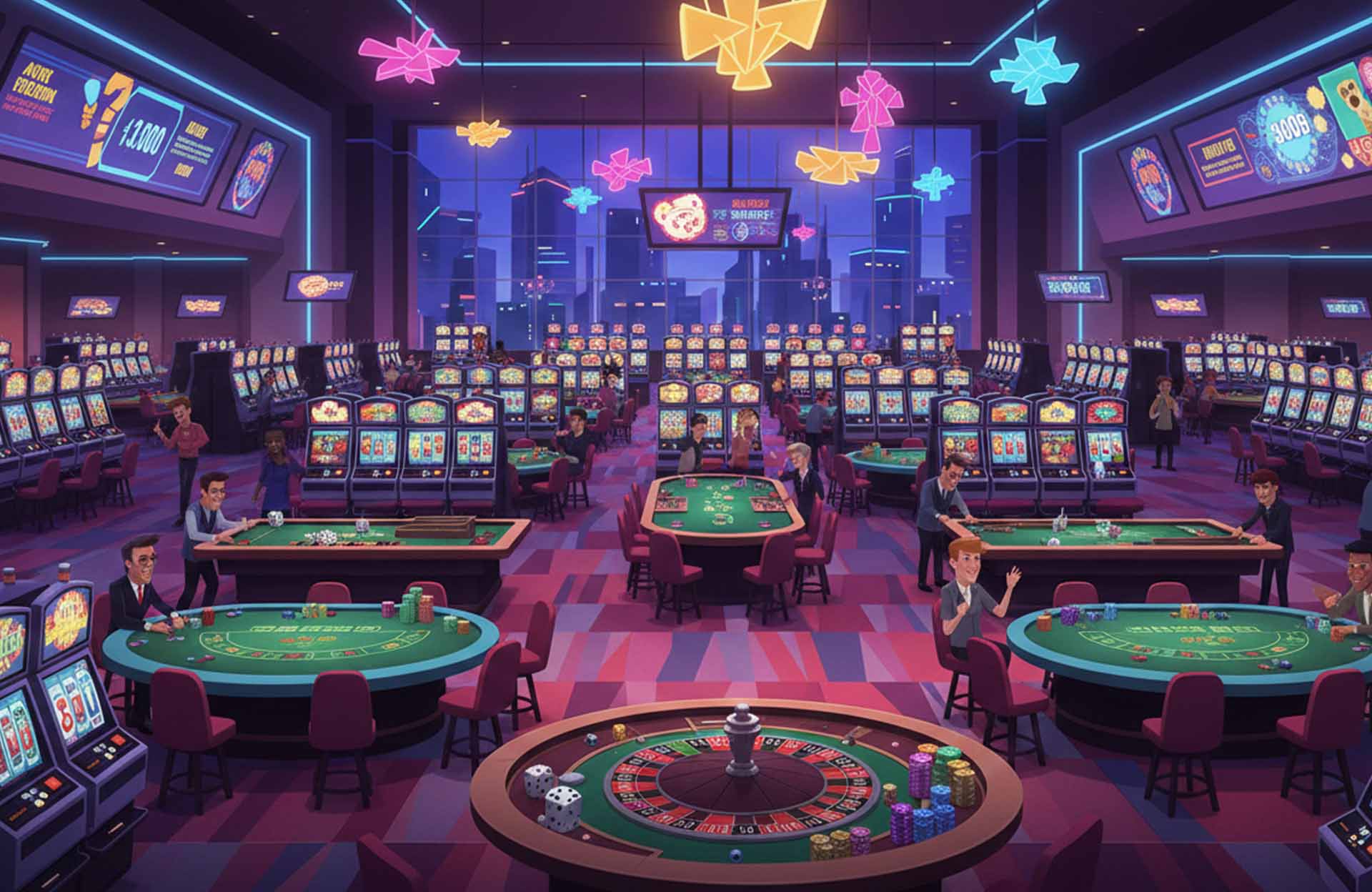 Wide view of a casino floor with blackjack tables and slot machines