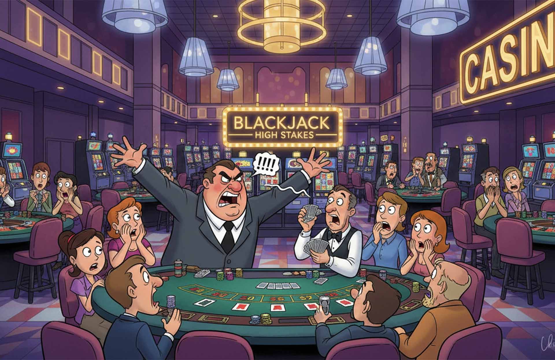 High-stakes blackjack table reacting to a major payout error in a casino