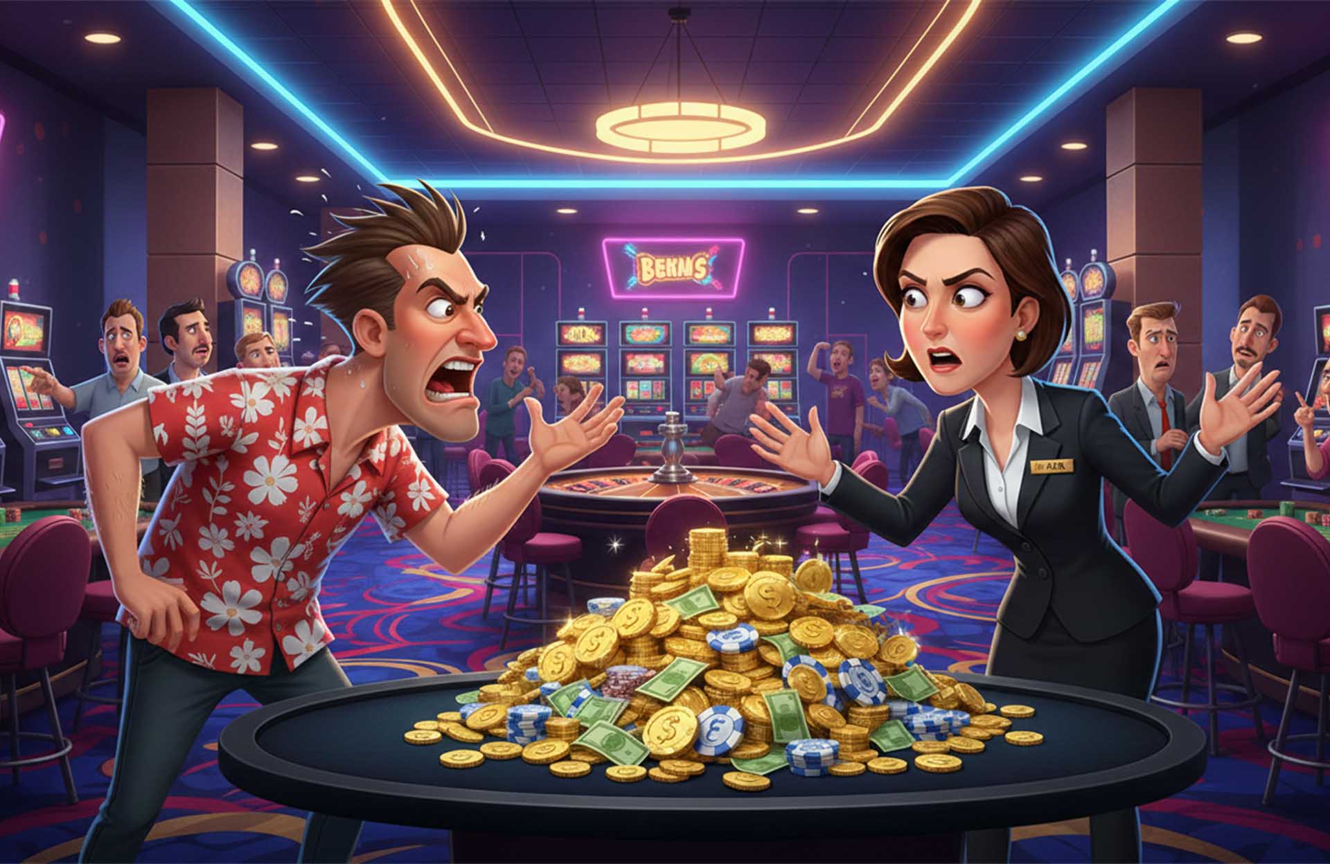 Angry casino player arguing with staff over a blackjack payout dispute