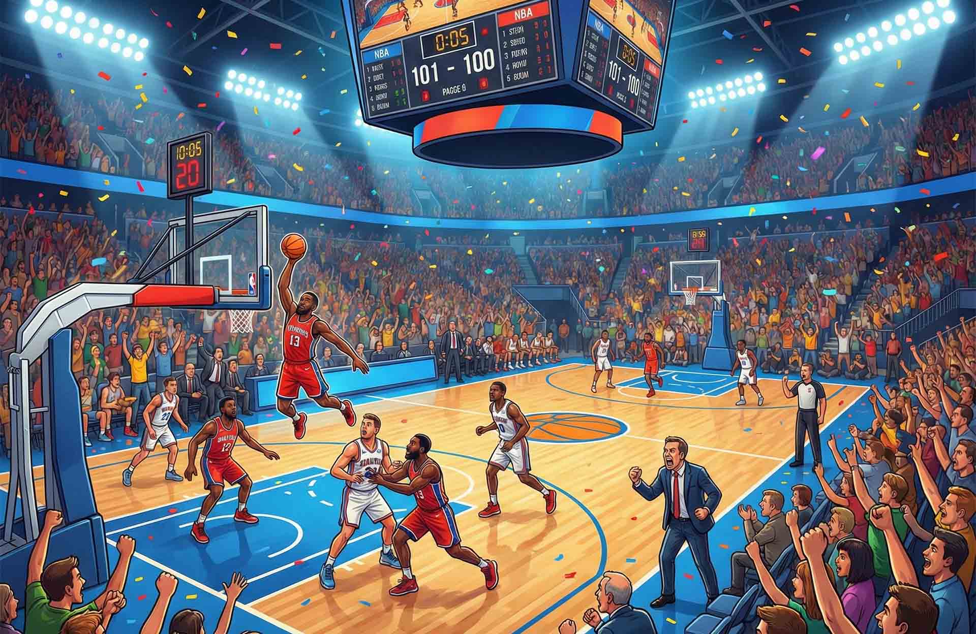 Basketball game in overtime with scoreboard showing a tied score