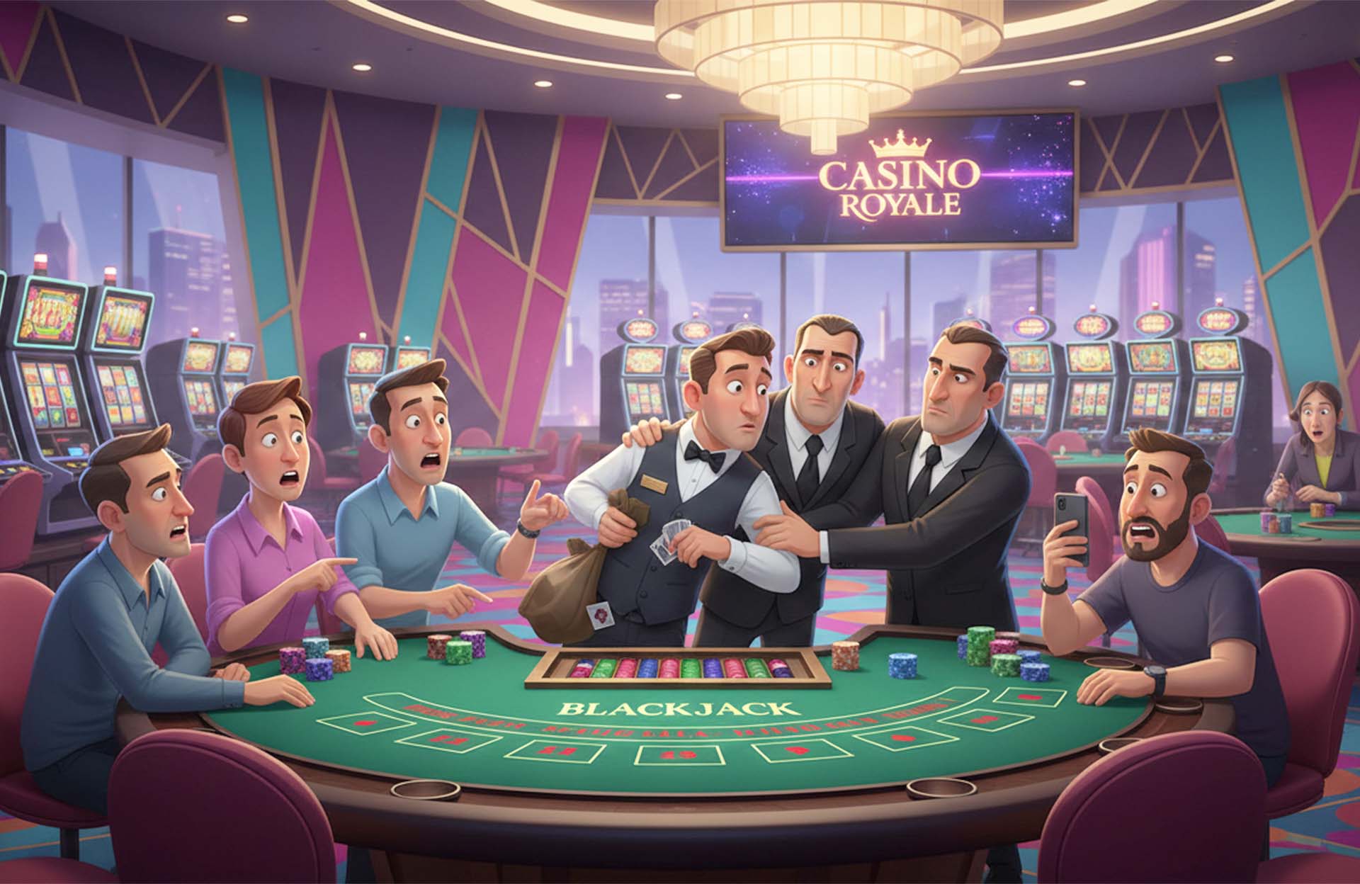 Tense moment at a blackjack table after a suspected dealer overpayment