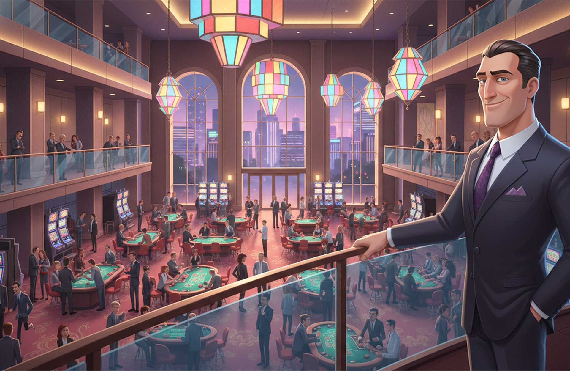 Casino floor manager overlooking blackjack tables from an upper level