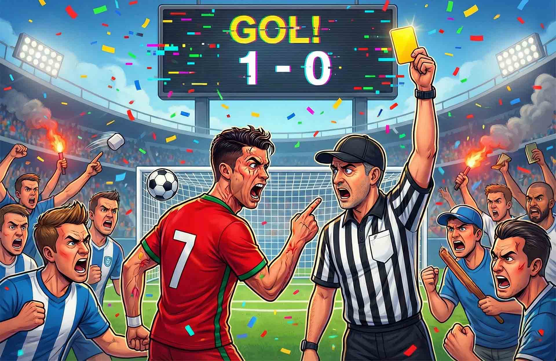 Soccer player arguing with referee over a controversial weird sports rule decision