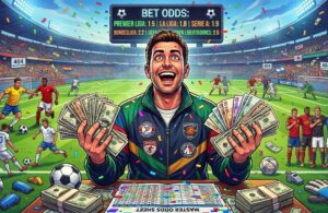 Soccer player celebrating huge football betting winnings in a stadium