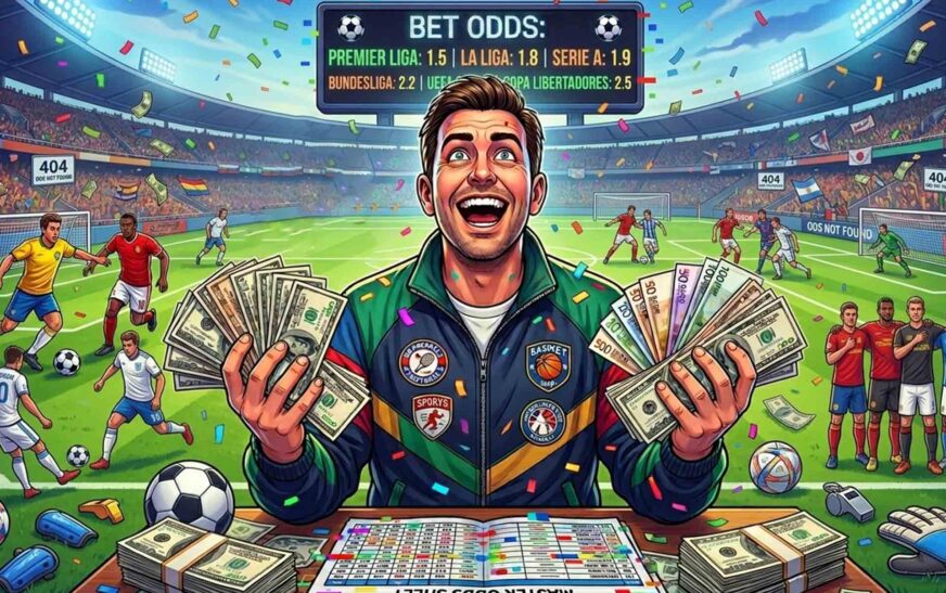 Soccer player celebrating huge football betting winnings in a stadium