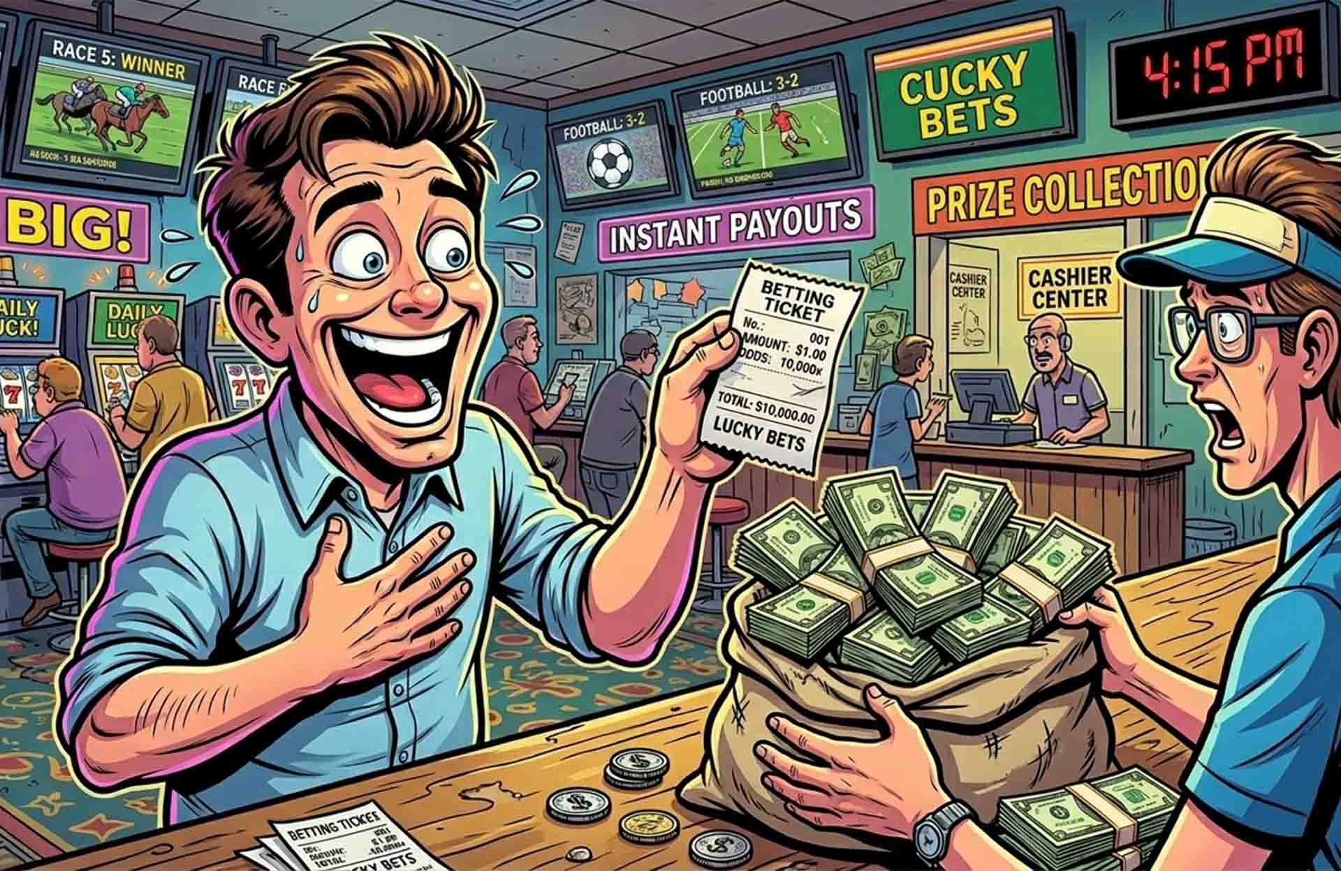 Man celebrating a winning betting ticket with cash at a sportsbook