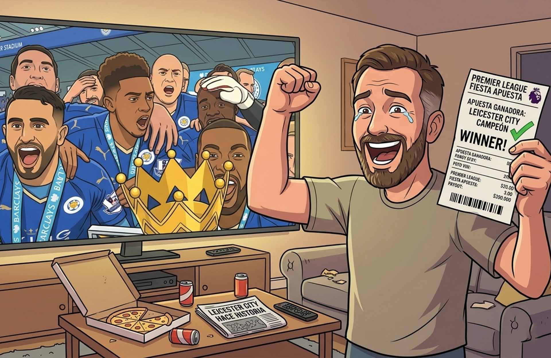 Happy fan holding a winning betting ticket during a soccer match at home