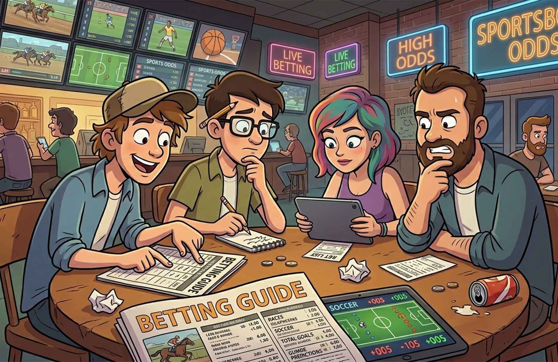 Group of friends analyzing a sports betting guide with odds and live betting screens