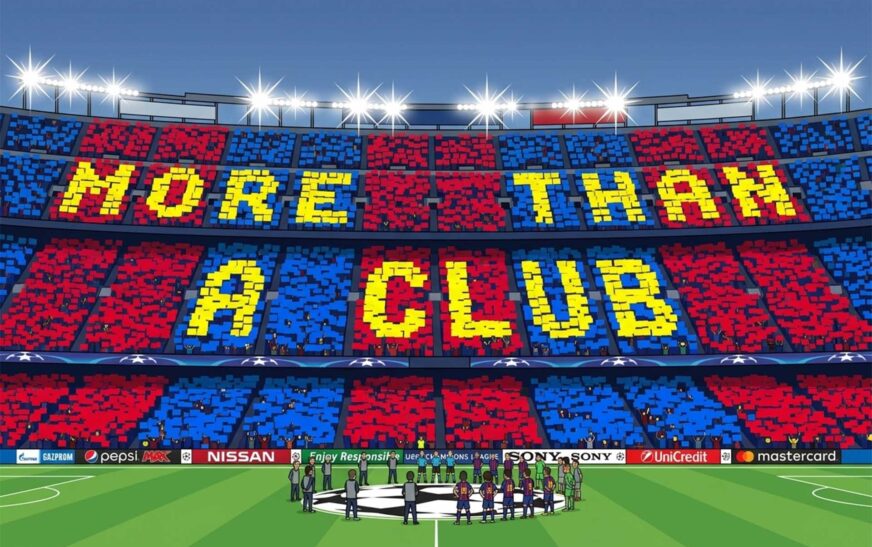 Football fans holding scarves inside a packed stadium