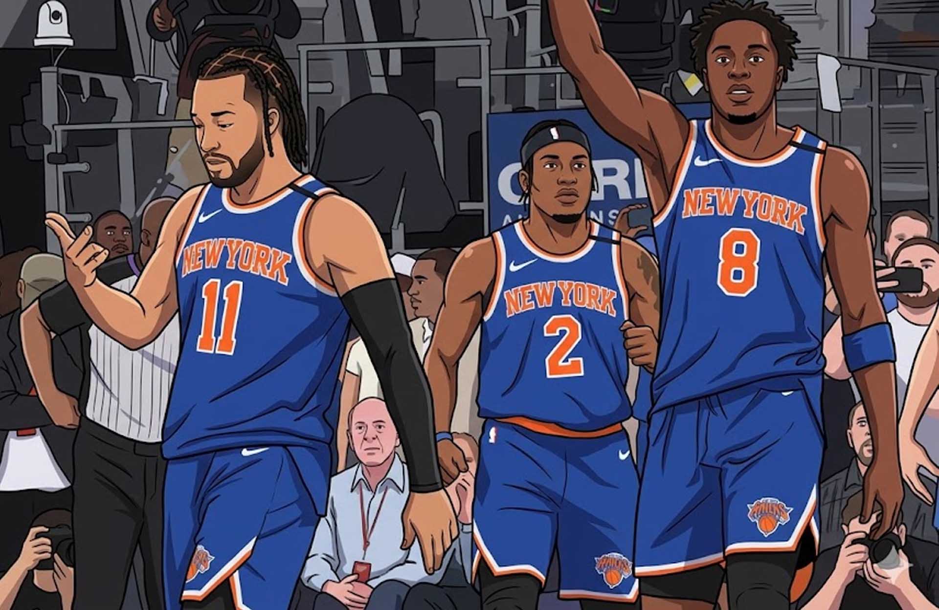 New York Knicks players celebrating during NBA Playoffs 2026 game after key moment on court