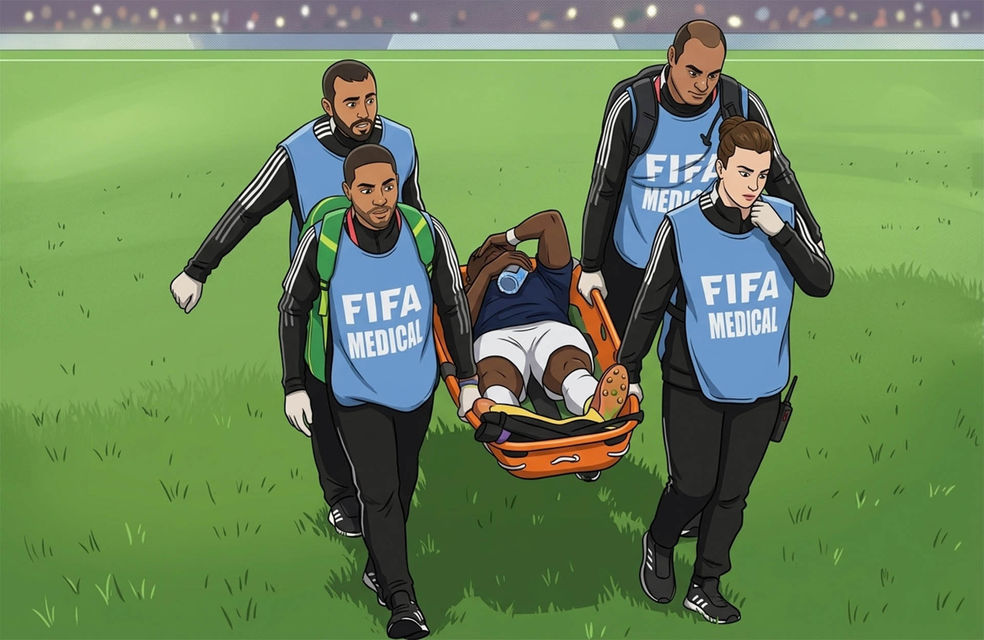 Medical staff carrying an injured player off the field