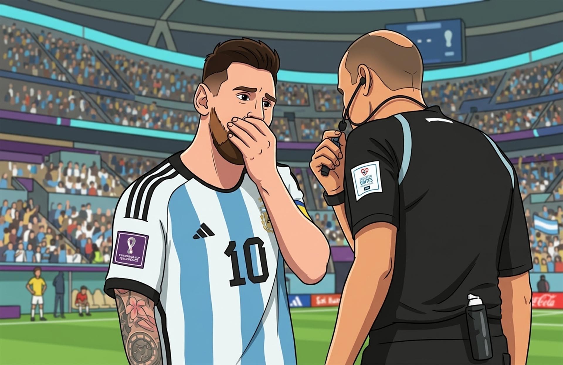 Soccer player covering his mouth while speaking to a referee