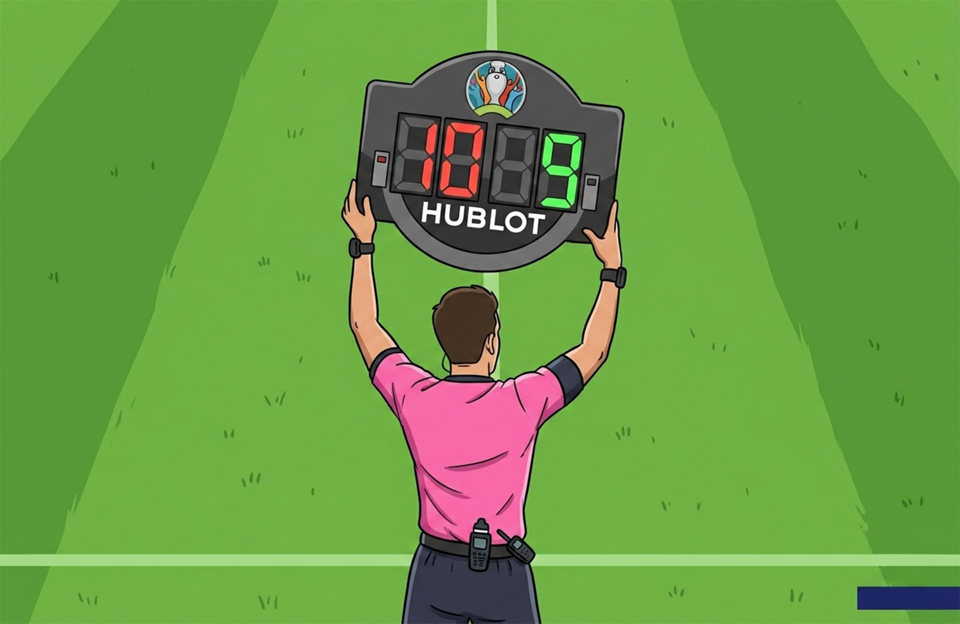 Referee signaling a player substitution during a soccer match